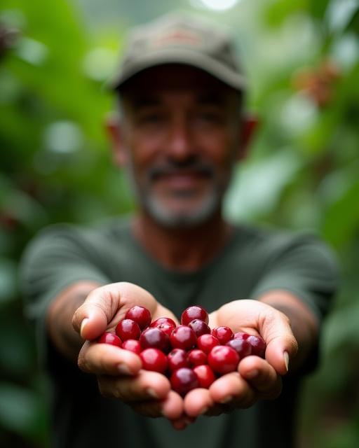 En kaffebonde som stolt viser frem ferske, røde kaffebær.