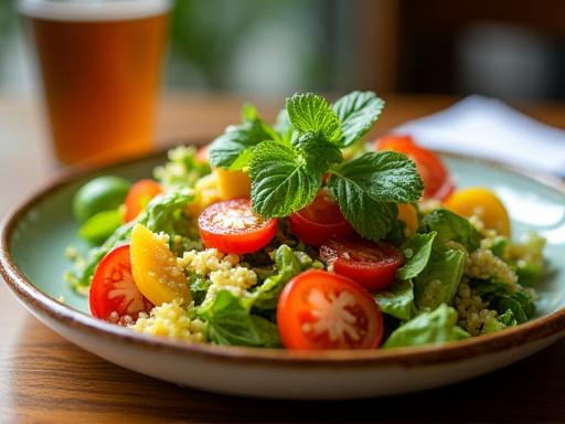 En fargerik salat anrettet vakkert på en keramikk-tallerken, med friske urter og en delikat dressing.